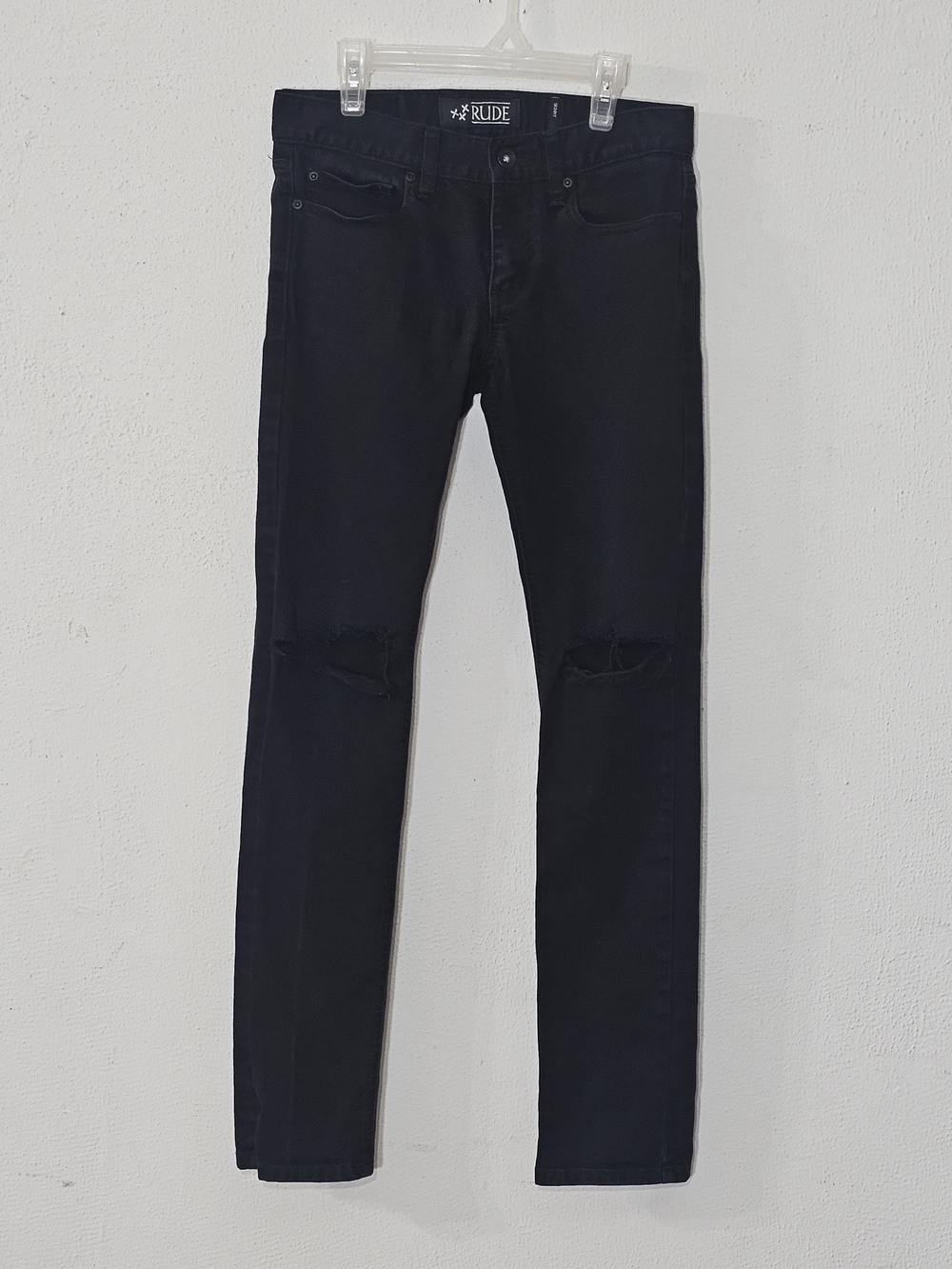 ​Rude Mens Skinny Jeans 28x32 Black Distressed Ripped Knee Stretch Denim Emo Y2K